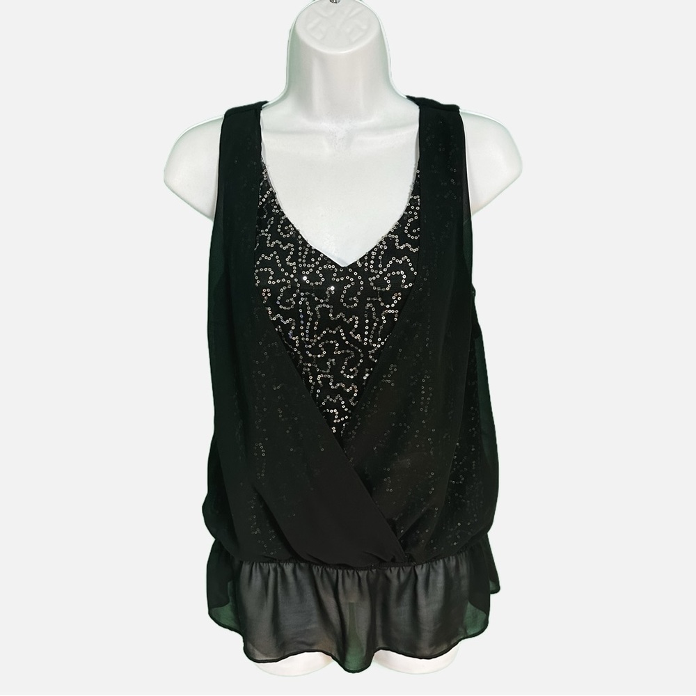 BCX Black Sequin Sleeveless Sheer Overlay Ruffle Hem Blouse Womens Size M